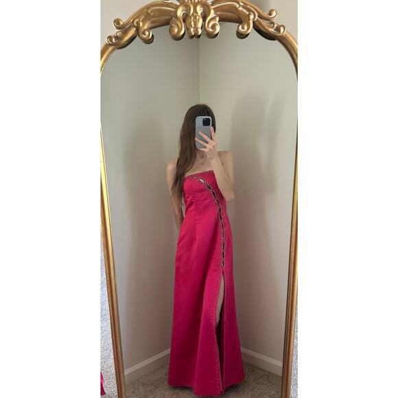 Vintage Y2K 90s Cache Hot Pink Beaded Strapless Cut Out Dress